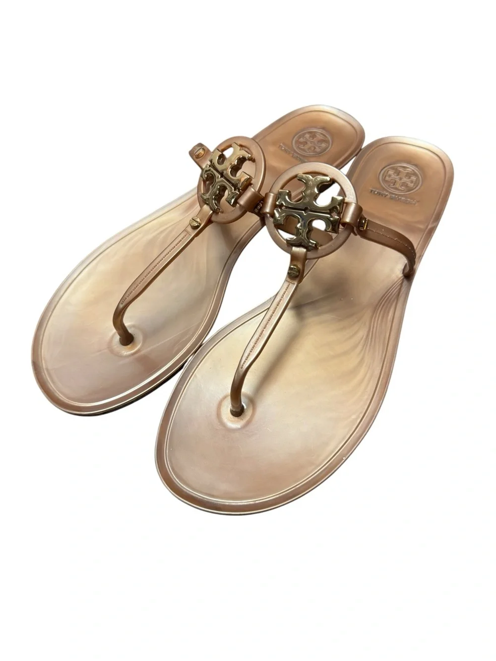 Tory Burch TB Mini Miller Metallic Logo Jelly Thong Slip On Sandals Rose Gold 10